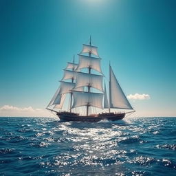 A majestic sailing ship gracefully navigating through a vast ocean under a clear blue sky