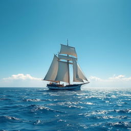 A majestic sailing ship gracefully navigating through a vast ocean under a clear blue sky