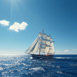 A majestic sailing ship gracefully navigating through a vast ocean under a clear blue sky