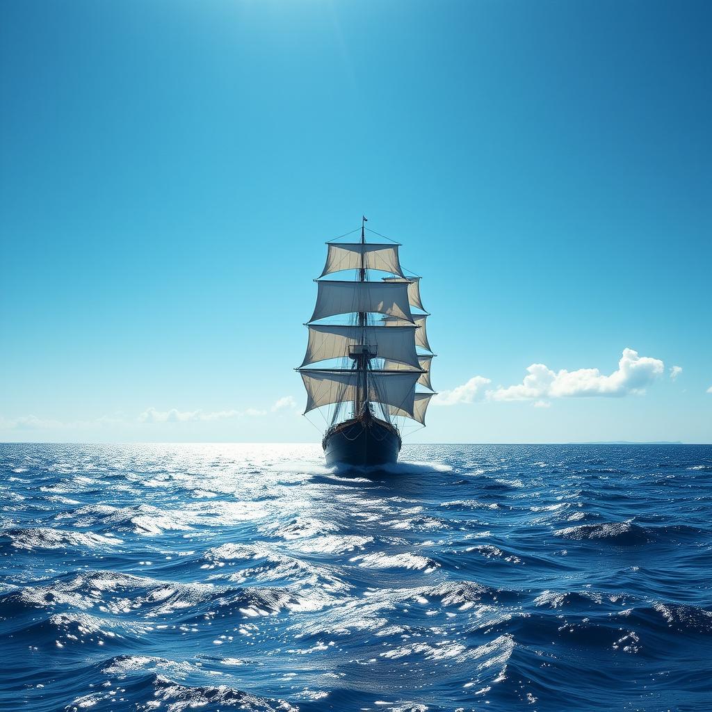 A majestic sailing ship gracefully navigating through a vast ocean under a clear blue sky