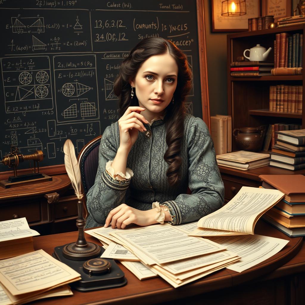 A detailed portrait of Ada Lovelace, the pioneering mathematician and writer, set in a Victorian-era study filled with early computing diagrams and mathematical texts