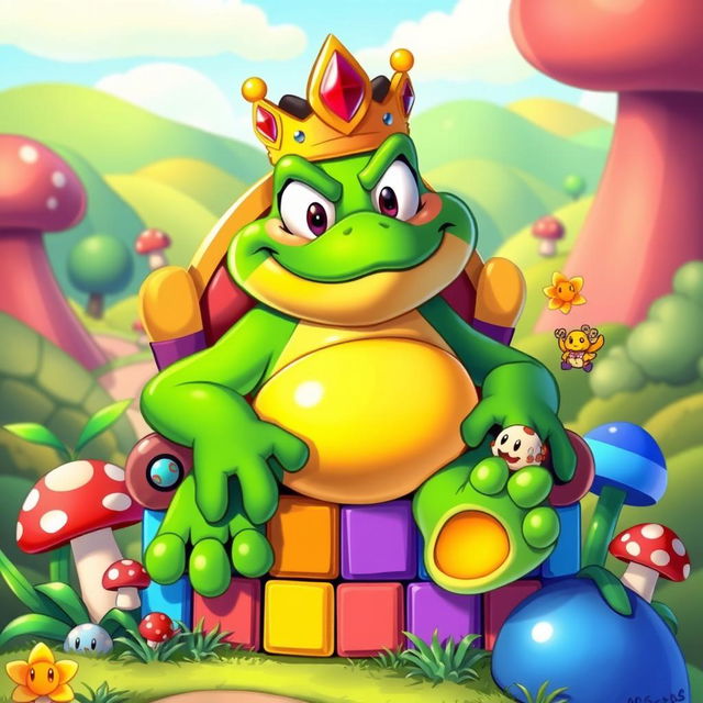 A whimsical and colorful illustration of King Wart, the frog-like antagonist from Super Mario 2