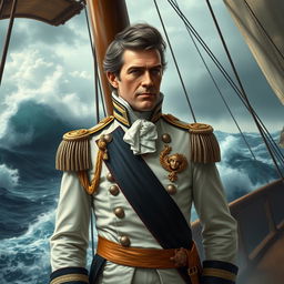 A detailed portrait of Admiral Thomas Cochrane, a celebrated naval officer, depicted in a dramatic naval setting aboard a historic warship