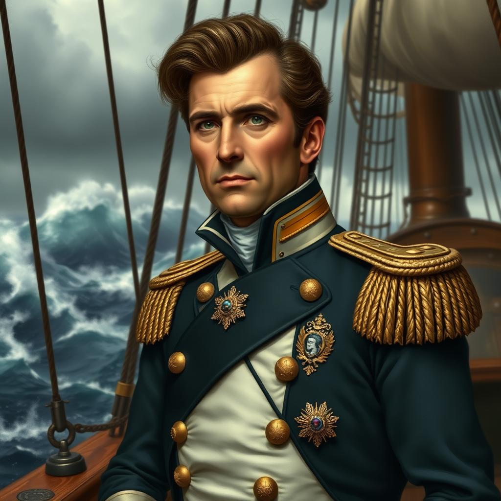 A detailed portrait of Admiral Thomas Cochrane, a celebrated naval officer, depicted in a dramatic naval setting aboard a historic warship