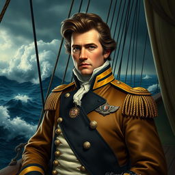 A detailed portrait of Admiral Thomas Cochrane, a celebrated naval officer, depicted in a dramatic naval setting aboard a historic warship