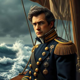 A detailed portrait of Admiral Thomas Cochrane, a celebrated naval officer, depicted in a dramatic naval setting aboard a historic warship