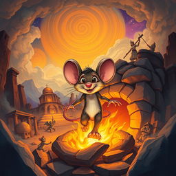 A dramatic illustration depicting the story of the 'Faar al-Tanoor', the mouse emerging from the furnace in a vibrant and mythical style