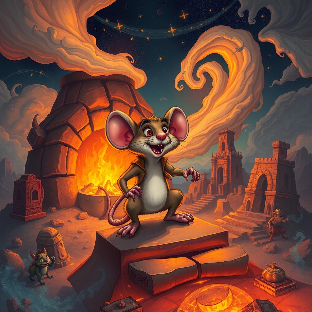 A dramatic illustration depicting the story of the 'Faar al-Tanoor', the mouse emerging from the furnace in a vibrant and mythical style