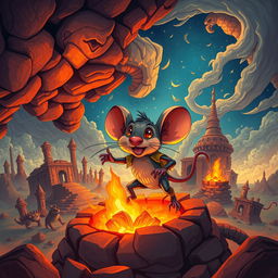 A dramatic illustration depicting the story of the 'Faar al-Tanoor', the mouse emerging from the furnace in a vibrant and mythical style