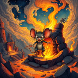 A dramatic illustration depicting the story of the 'Faar al-Tanoor', the mouse emerging from the furnace in a vibrant and mythical style