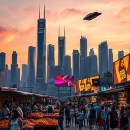A futuristic city skyline at sunset, featuring sleek skyscrapers made of glass and metal, with neon lights reflecting on the windows