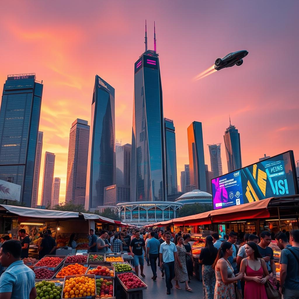A futuristic city skyline at sunset, featuring sleek skyscrapers made of glass and metal, with neon lights reflecting on the windows
