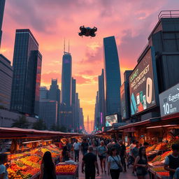 A futuristic city skyline at sunset, featuring sleek skyscrapers made of glass and metal, with neon lights reflecting on the windows