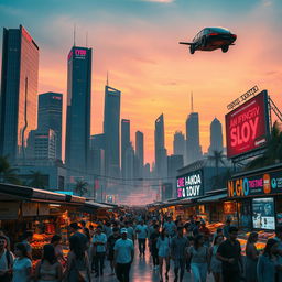 A futuristic city skyline at sunset, featuring sleek skyscrapers made of glass and metal, with neon lights reflecting on the windows