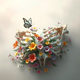 A surreal scene featuring a large, prominent chest bone with a variety of beautiful, colorful flowers growing from and around it, creating a striking contrast between the organic and the skeletal