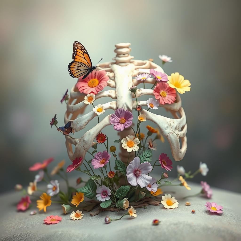 A surreal scene featuring a large, prominent chest bone with a variety of beautiful, colorful flowers growing from and around it, creating a striking contrast between the organic and the skeletal