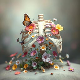 A surreal scene featuring a large, prominent chest bone with a variety of beautiful, colorful flowers growing from and around it, creating a striking contrast between the organic and the skeletal