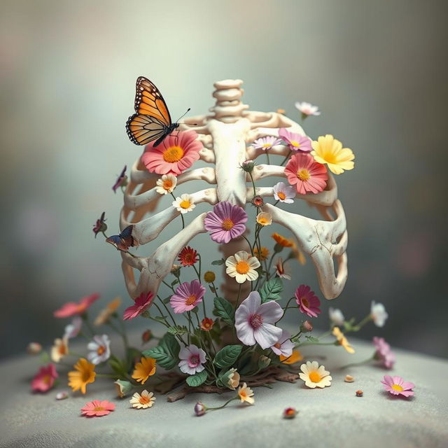A surreal scene featuring a large, prominent chest bone with a variety of beautiful, colorful flowers growing from and around it, creating a striking contrast between the organic and the skeletal