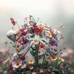 A surreal scene featuring a large, prominent chest bone with a variety of beautiful, colorful flowers growing from and around it, creating a striking contrast between the organic and the skeletal