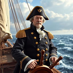 A striking portrait of Commodore John Barry, known as the 'Father of the American Navy', set against a backdrop of a majestic 18th-century warship at sea