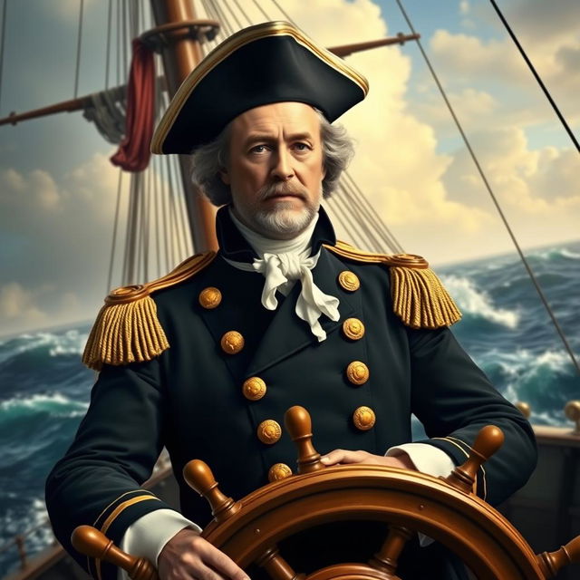 A striking portrait of Commodore John Barry, known as the 'Father of the American Navy', set against a backdrop of a majestic 18th-century warship at sea