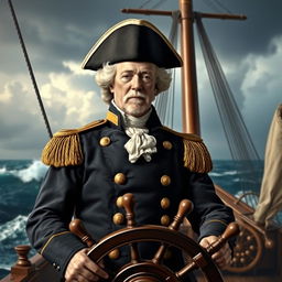 A striking portrait of Commodore John Barry, known as the 'Father of the American Navy', set against a backdrop of a majestic 18th-century warship at sea