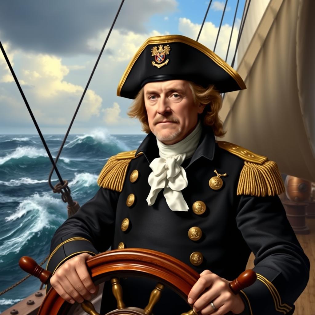 A striking portrait of Commodore John Barry, known as the 'Father of the American Navy', set against a backdrop of a majestic 18th-century warship at sea