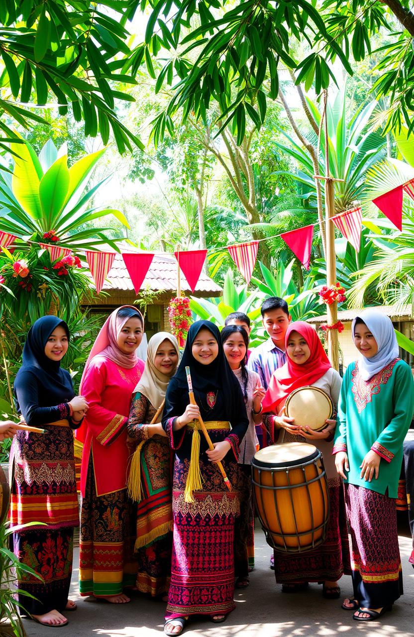 A vibrant scene depicting a group of young villagers showcasing traditional Malaysian heritage and culture