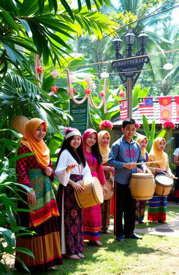 A vibrant scene depicting a group of young villagers showcasing traditional Malaysian heritage and culture
