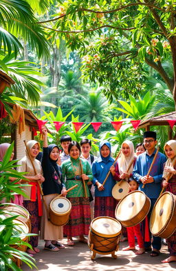 A vibrant scene depicting a group of young villagers showcasing traditional Malaysian heritage and culture