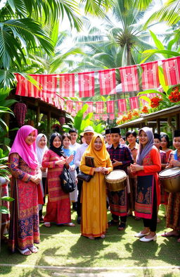 A vibrant scene depicting a group of young villagers showcasing traditional Malaysian heritage and culture