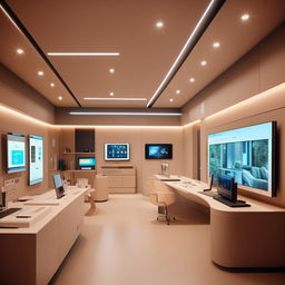 A sleek home automation office with neutral colored walls, modern furniture, and tech-themed accents. Display areas for smart products, a cozy consultation corner, and an efficient checkout space. An inviting atmosphere for tech lovers with integrated lighting and a clean aesthetic.