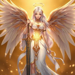 A stunning anime female angel standing majestically, holding a beautifully crafted sword, adorned with intricate designs