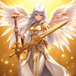 A stunning anime female angel standing majestically, holding a beautifully crafted sword, adorned with intricate designs