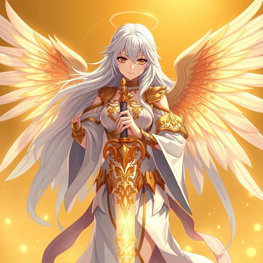 A stunning anime female angel standing majestically, holding a beautifully crafted sword, adorned with intricate designs