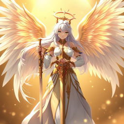 A stunning anime female angel standing majestically, holding a beautifully crafted sword, adorned with intricate designs
