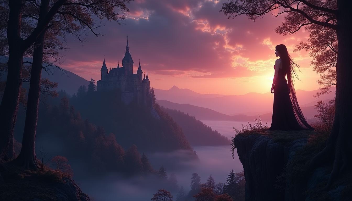 A dramatic and enchanting scene inspired by the Twilight Saga, featuring a stunning, ethereal landscape at twilight