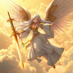An enchanting anime female angel soaring gracefully through a golden sky, wielding a beautifully ornate sword that gleams in the sunlight