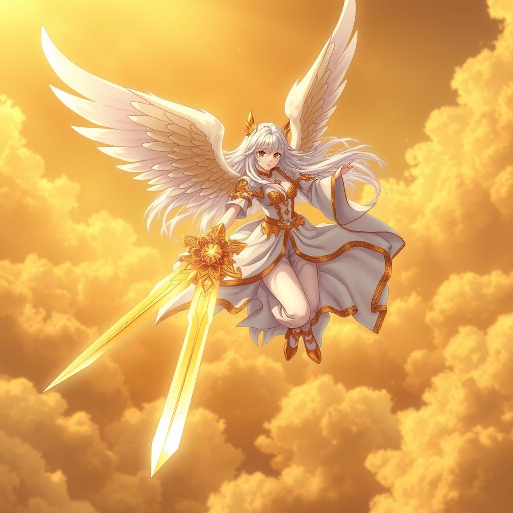 An enchanting anime female angel soaring gracefully through a golden sky, wielding a beautifully ornate sword that gleams in the sunlight