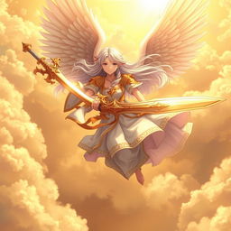 An enchanting anime female angel soaring gracefully through a golden sky, wielding a beautifully ornate sword that gleams in the sunlight