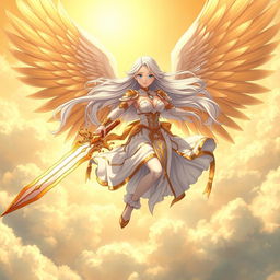 An enchanting anime female angel soaring gracefully through a golden sky, wielding a beautifully ornate sword that gleams in the sunlight