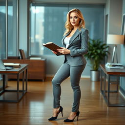 A full-length photo of a stunning and beautiful sexy blonde woman, resembling a young Heather Locklear, characterized by fat, plump wide bowed hips, fat round thick thighs, and thick legs
