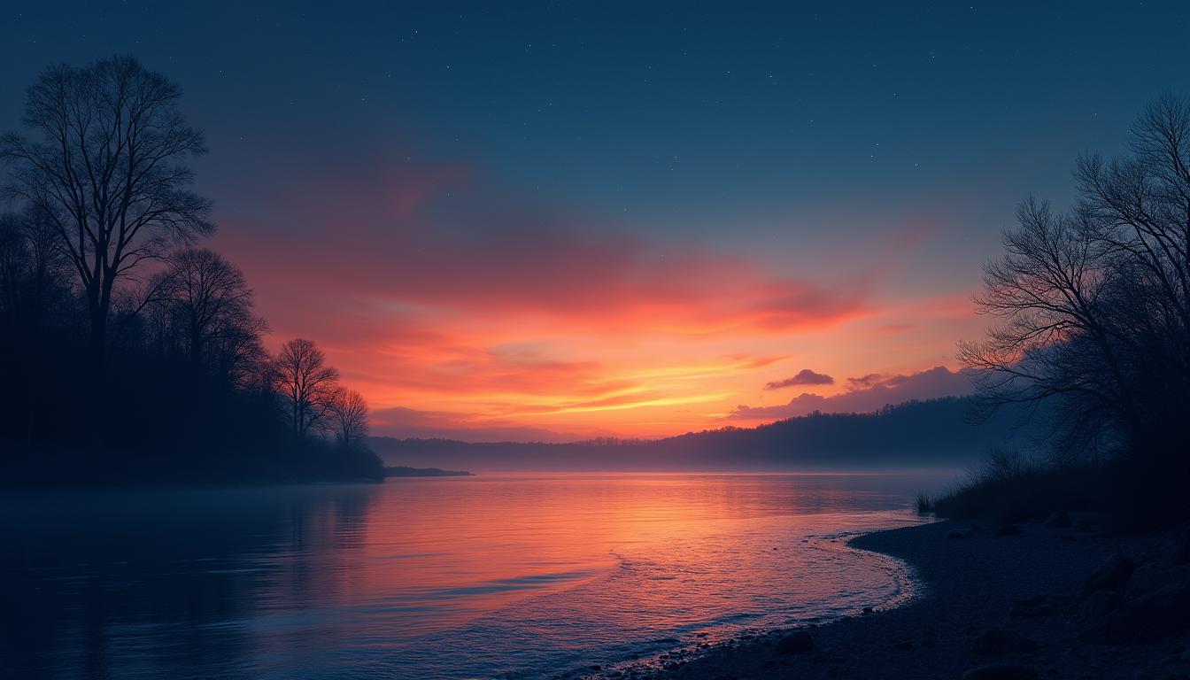 A serene twilight landscape with a vibrant sky transitioning from orange to deep blue, silhouetted trees against the horizon, and a calm lake reflecting the colors of the twilight