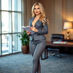 A full-length photo of a beautiful and stunning sexy blonde woman, resembling a young Heather Locklear, with fat, plump wide bowed hips, fat wide round thick thighs, and fat round thick legs