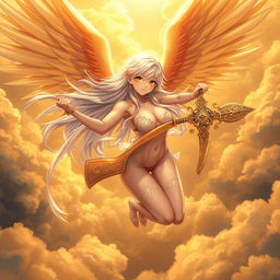 A captivating anime female angel flying gracefully through a golden sky, wielding an ornate sword with intricate designs