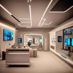 A sleek home automation office with neutral colored walls, modern furniture, and tech-themed accents. Display areas for smart products, a cozy consultation corner, and an efficient checkout space. An inviting atmosphere for tech lovers with integrated lighting and a clean aesthetic.