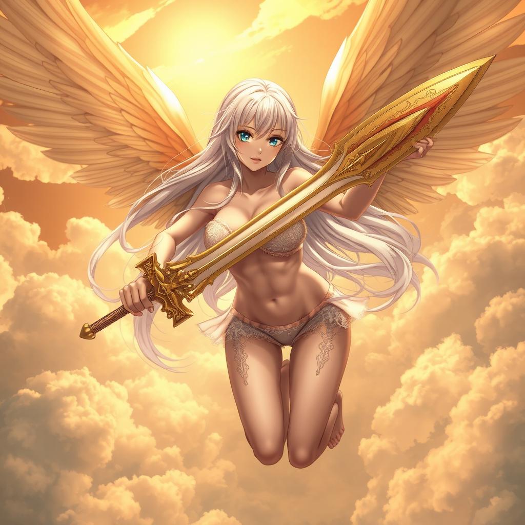 A captivating anime female angel flying gracefully through a golden sky, wielding an ornate sword with intricate designs