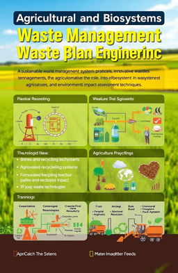 An informative overview of Agricultural and Biosystems Waste Management Engineering, highlighting key concepts like sustainable waste management practices, innovative recycling technologies in agriculture, the role of biosystems in waste reduction, and environmental impact assessment techniques
