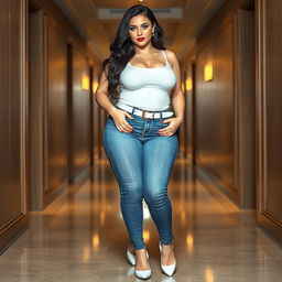 A full-length photograph of a sexy, stunning, and beautiful thick curvy girl with pale skin and very long black hair