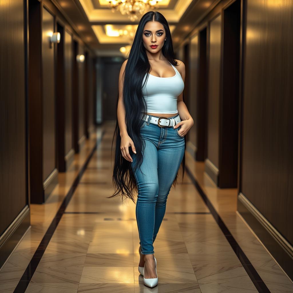 A full-length photograph of a sexy, stunning, and beautiful thick curvy girl with pale skin and very long black hair